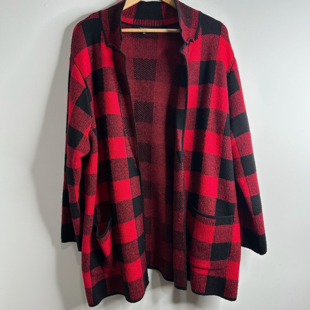 Talbots Red Black Buffalo Check Plaid Open Front Cardigan Sweater Womens 2XP